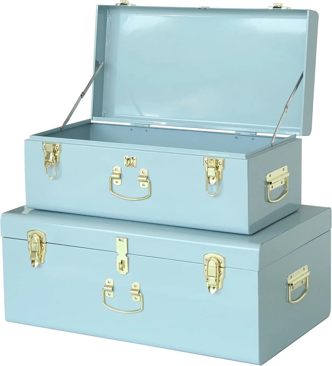 Two metal storage trunks, one light blue and one white, with metal handles and latches.