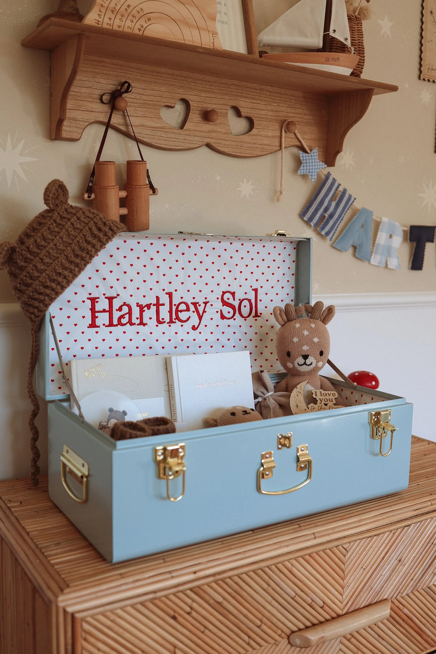 Light blue suitcase with 'Hartley Sol' on a wooden shelf with toys and decorations.