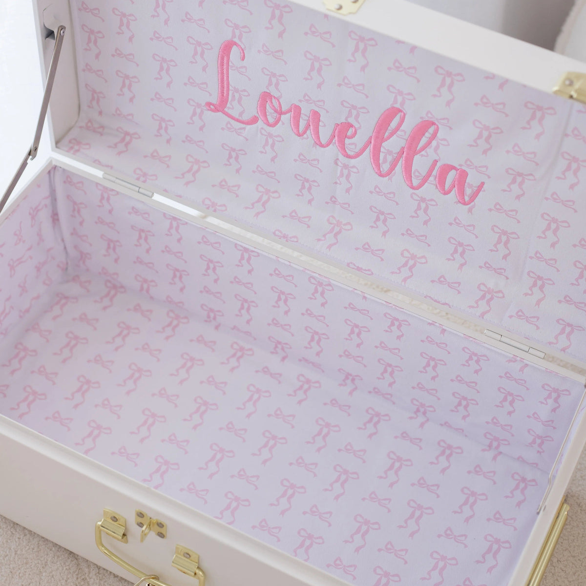 White keepsake box with pink interior and &