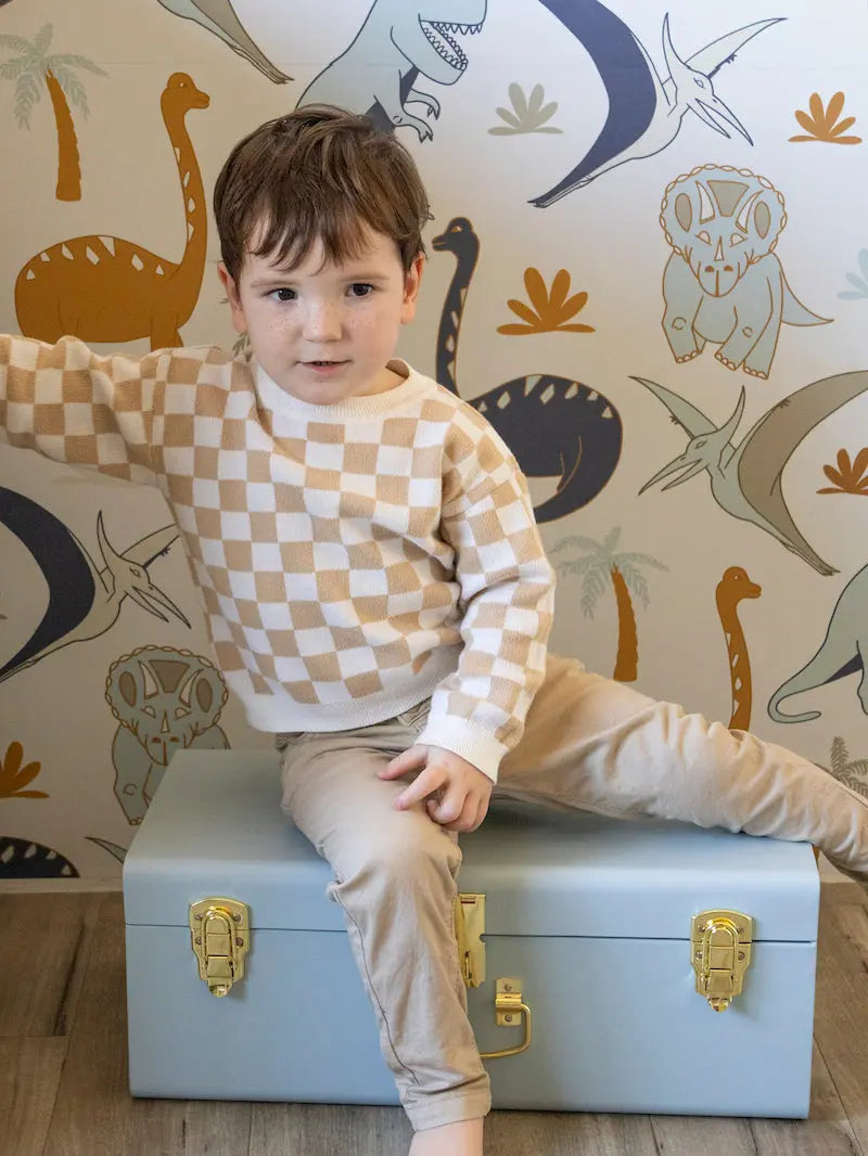 Child sitting on a light blue suitcase with dinosaur-themed wallpaper in the background