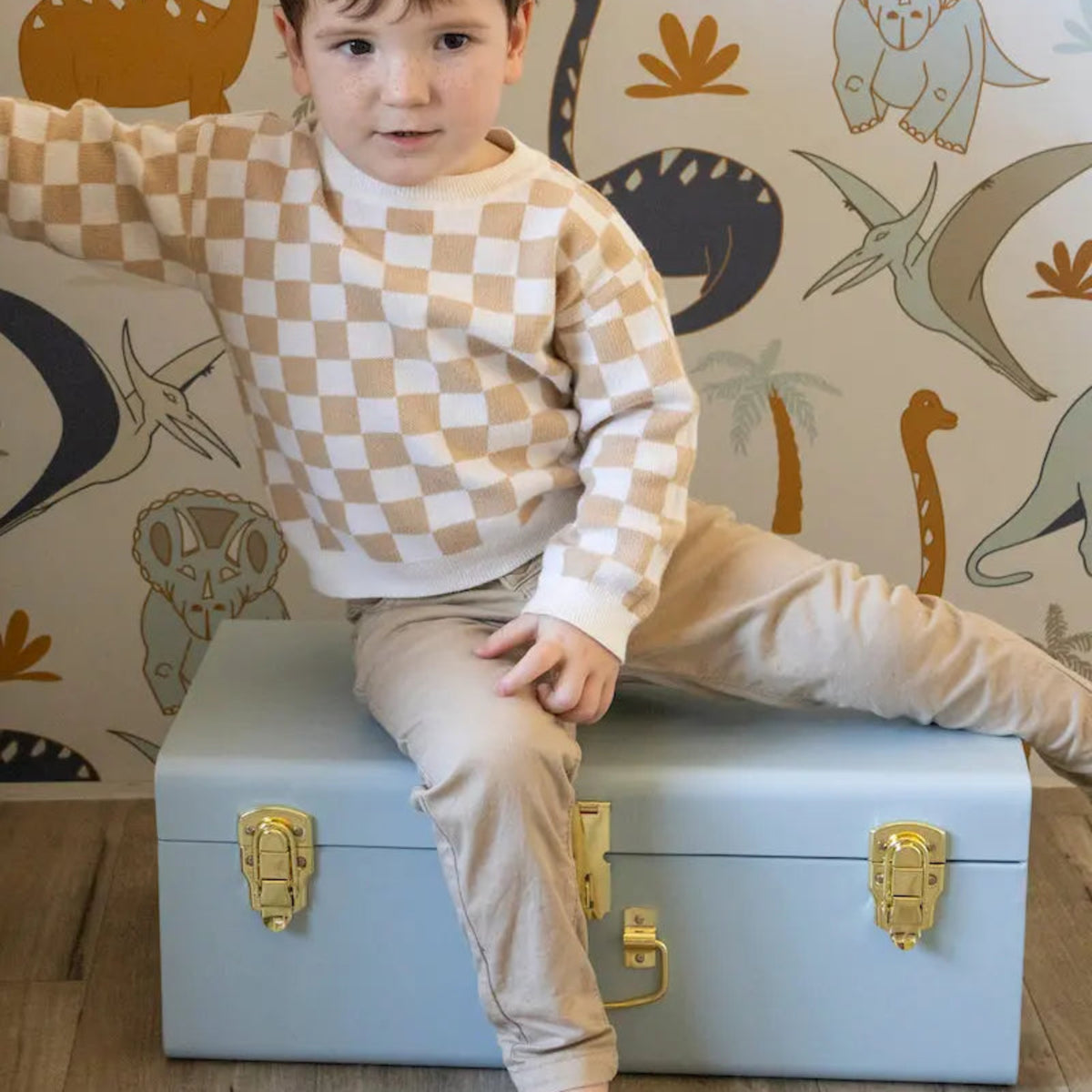 Child sitting on a light blue suitcase with dinosaur-themed wallpaper in the background