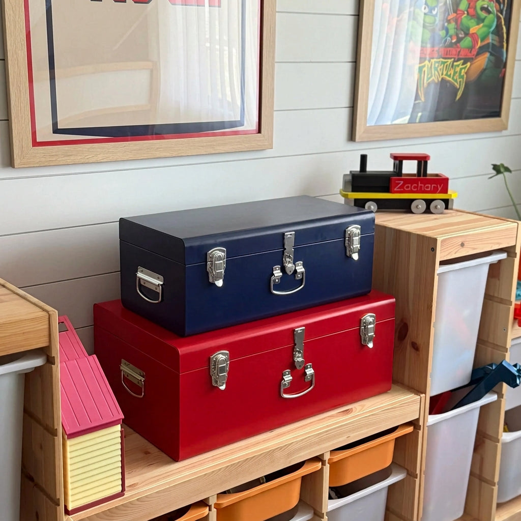 Colorful storage bins on a wooden shelf with framed artwork on the wall.