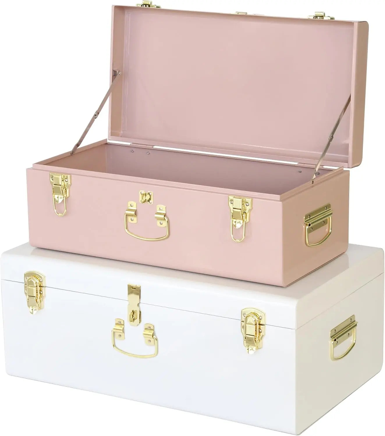 Two metal storage trunks, one pink and one white, with metal handles and latches.