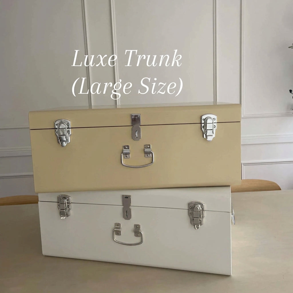 Two trunks, one beige and one white, with gold hardware on a wooden surface.