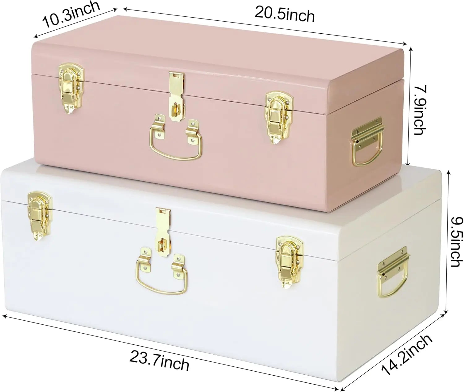 Two metal storage trunks, one pink and one white, with metal handles and latches.