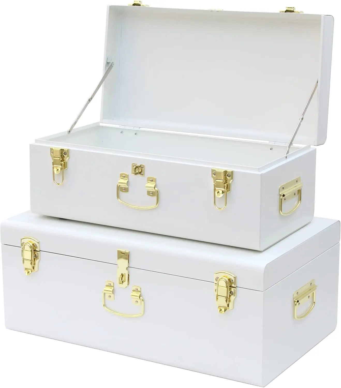 Two metal storage trunks, one pink and one white, with a regular size design, featuring metal handles and latching mechanisms.