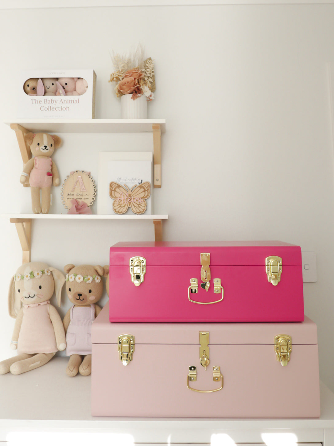 Pink and gold trunks on a white surface with shelves in the background