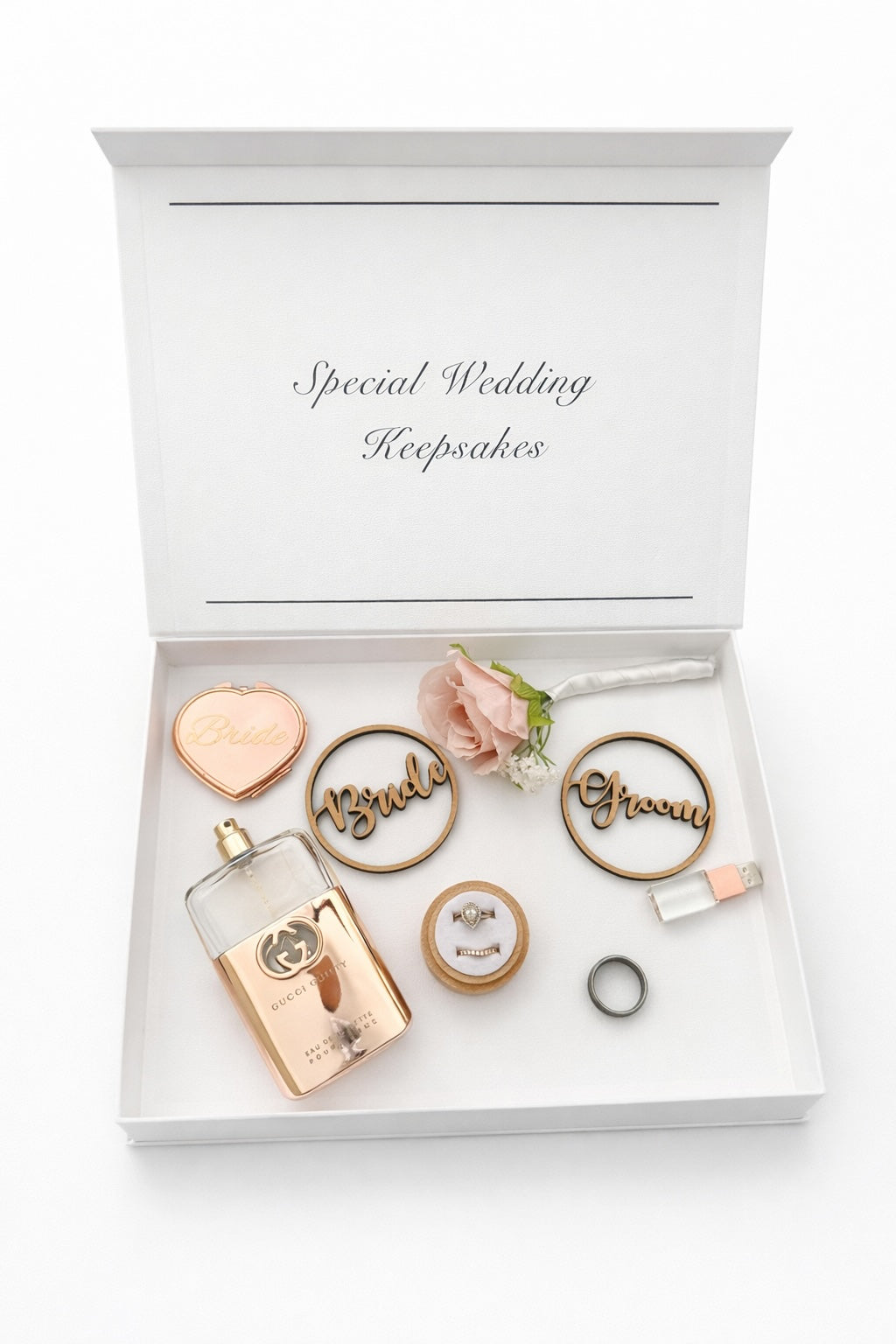 Special wedding keepsakes set in a white box with &