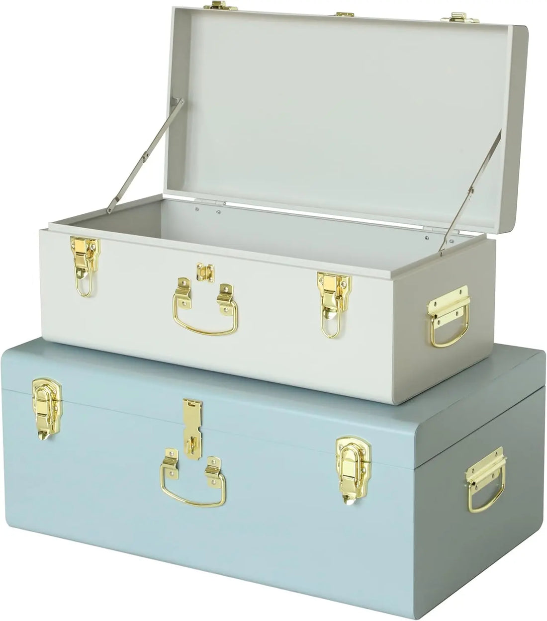 Two metal storage trunks, one light blue and one white, with metal handles and latches.